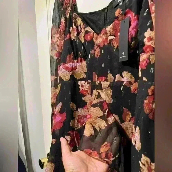 NWT Lulus Dramatically Dreamy Black Floral Chiffon Tiered Lurex Mini Dress - Picture 4 of 14